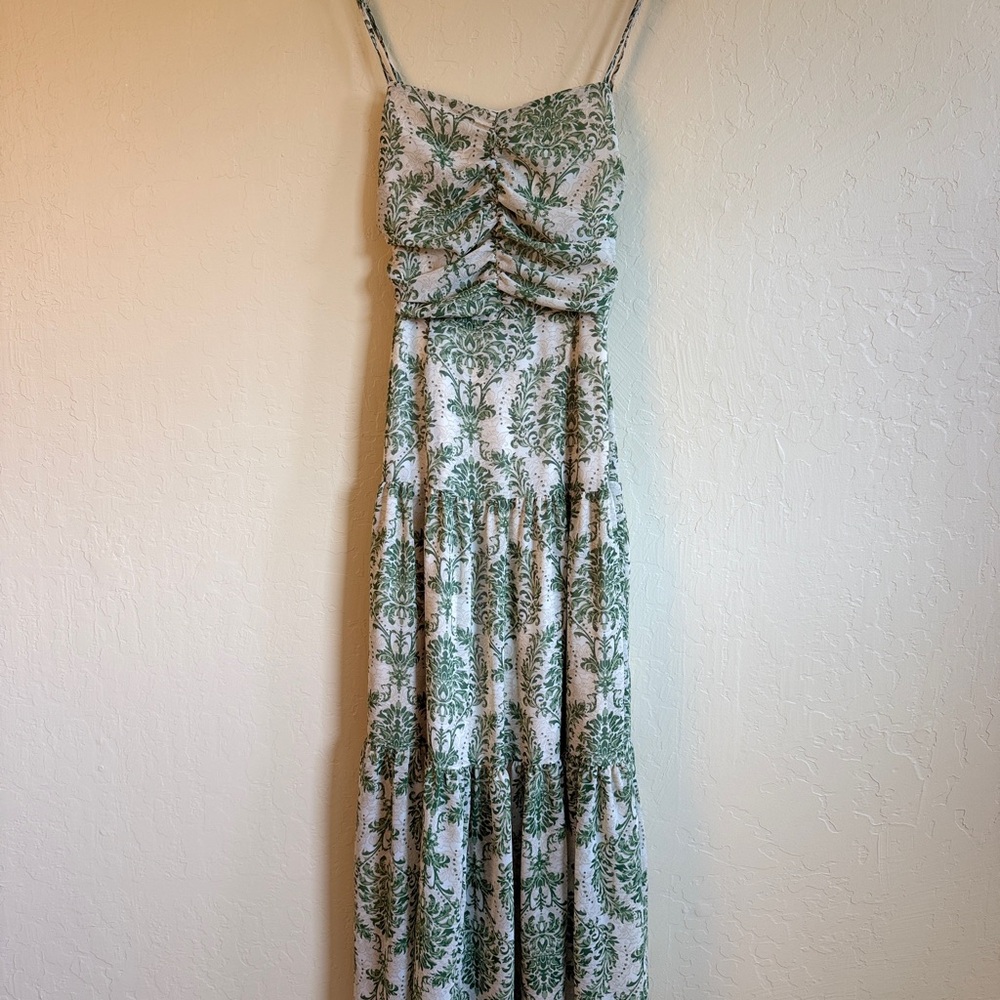 Green and White Ruched Maxi Sundress